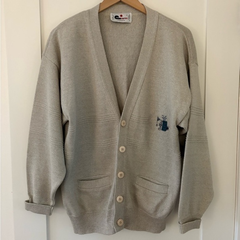 Vintage Golf Embroidered 90s grandpa Cardigan Sweater beige Grey M unisex